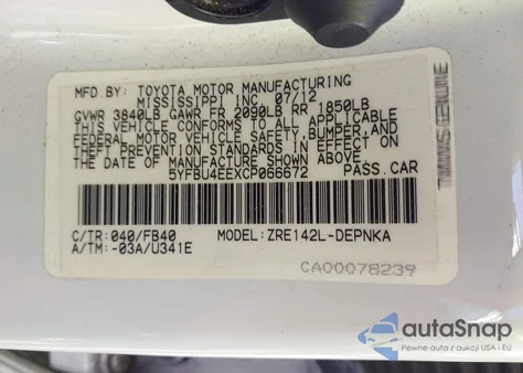 2012 Toyota Corolla Le z USA, uszkodzony, nr VIN 5YFBU4EEXCP066672